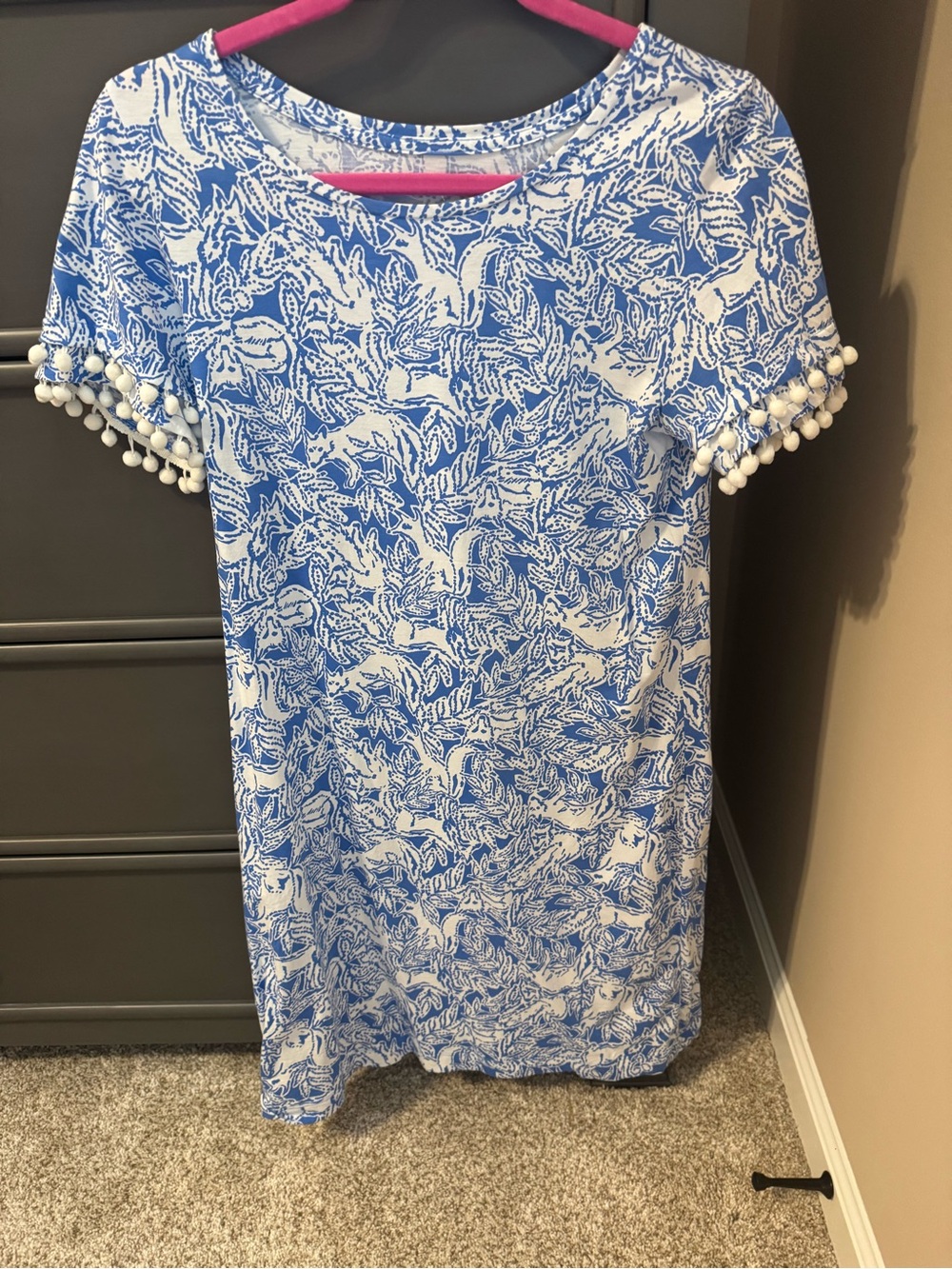 Lilly Pulitzer Women’s Blue and White Pom-Pom Sleeve Dress